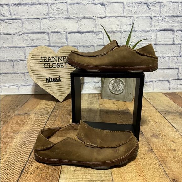 Men's Olukai Moloa Slipper Brown Slip on Shoe Men's 11 Leather - Picture 1 of 13